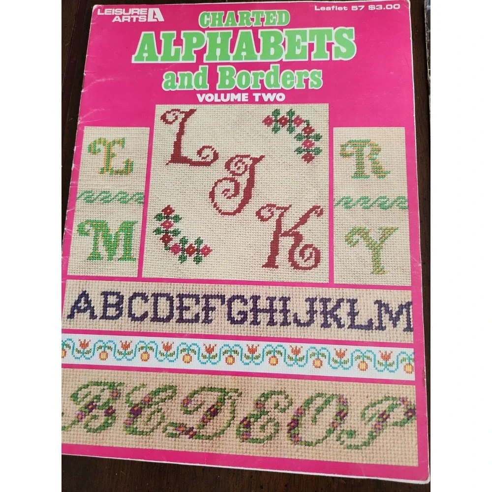 2/Alphabet Album + Charted Alphabets and Borders Cross Stitch Pattern Books Vtg